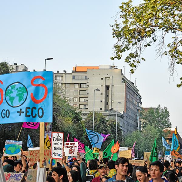protest sign reads SOS -ego +eco